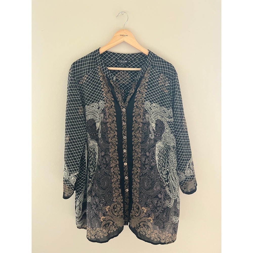 Citron Santa Monica 100% Silk Beaded Paisley Bird Print Tunic Blouse Black 2X